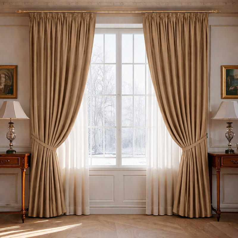 100% Polyester Blackout Pencil Pleat Room Darkening Curtains, 168cm Width x 228cm Drop, Beige