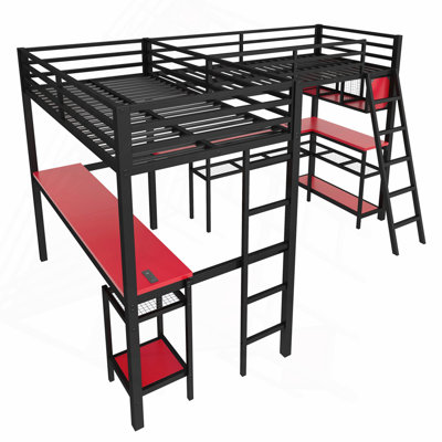 Lit mezzanine simple en métal en forme de L avec DEL, tablettes de rangement, 2 stations de charge et 2 bureaux intégrés, noir et rouge