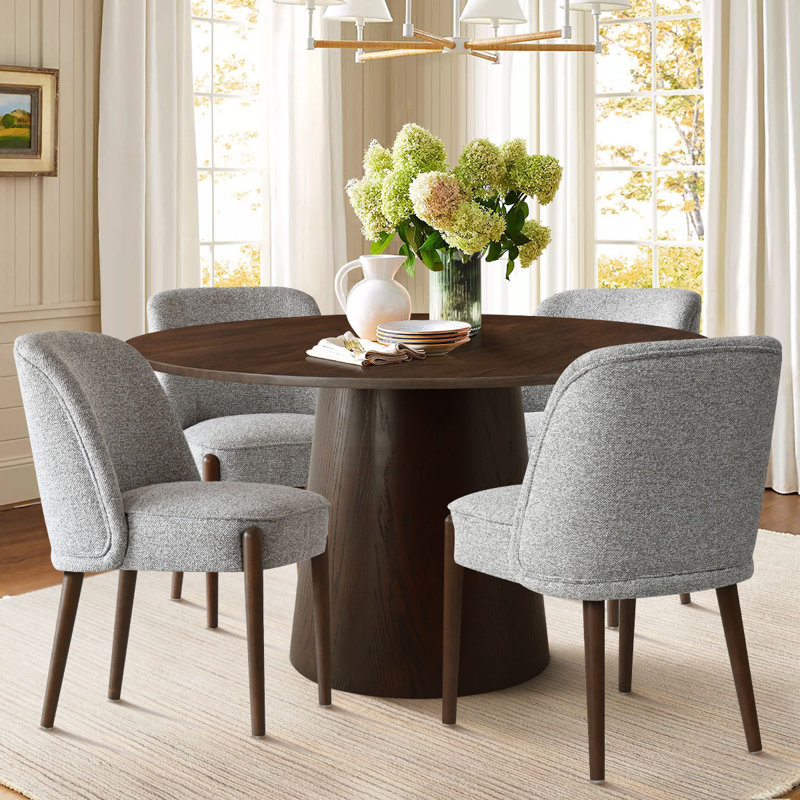 4 - Person Dining Table Sets With 52'' Solid Wood Round Table & 4 Upholstered Linen Chairs, Gray