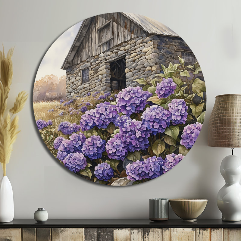 Hydrangées par la grange en pierre - hydrangées rondes, décoration murale en métal mauve traditionnel, H 29 po x l 29 po