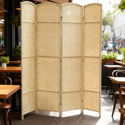 Paravent pliable à 4 panneaux d'intimité tissé à la main, polypropylène et bois de pin, beige, pour séparer la pièce et créer des espaces