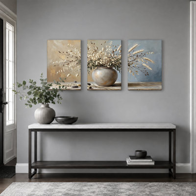 Dried Wheat and Poppy Pods in Gray Vase Set Of 3 Canvas Wall Art