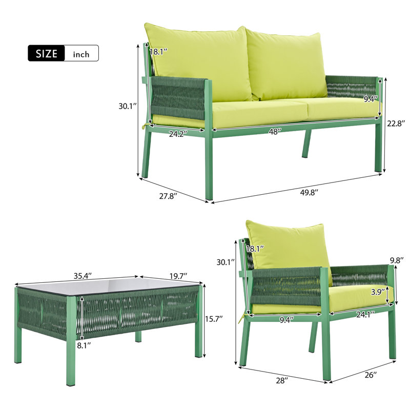 Ensemble de conversation d'extérieur pour 4 personnes avec coussins Yvetta, Vert, Jaune fluo