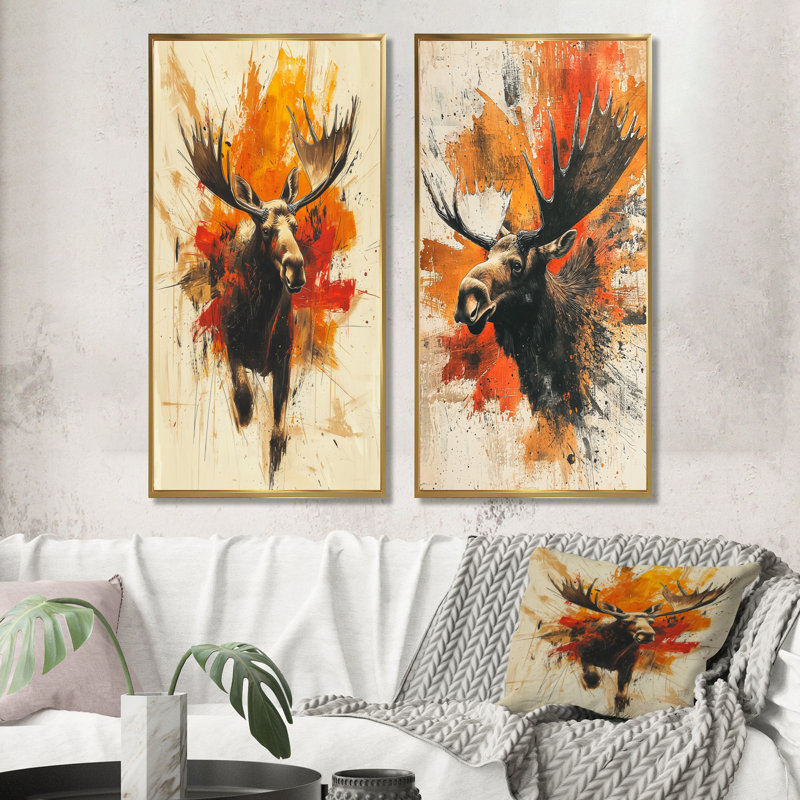 Collection de 2 pièces Amber Wild Moose Energy I - Animaux, impressions sur toile, Cadre flottant doré, H 28 po x l 25 po