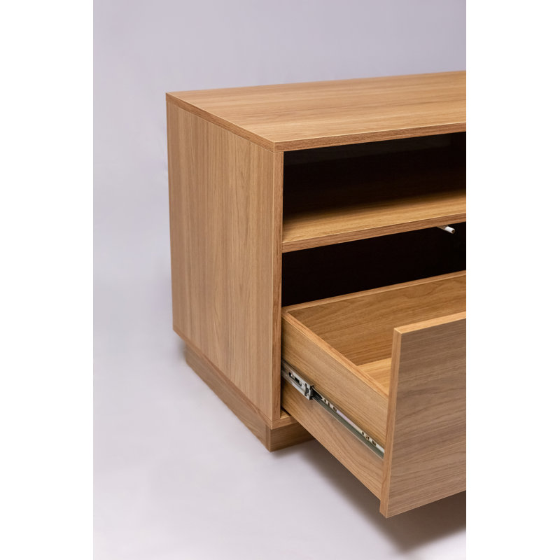 Meuble télé moderne pour téléviseurs jusqu'à 45 pouces, centre multimédia avec porte, tiroir, tablette ouverte et système de gestion des câbles, chêne Hanovre