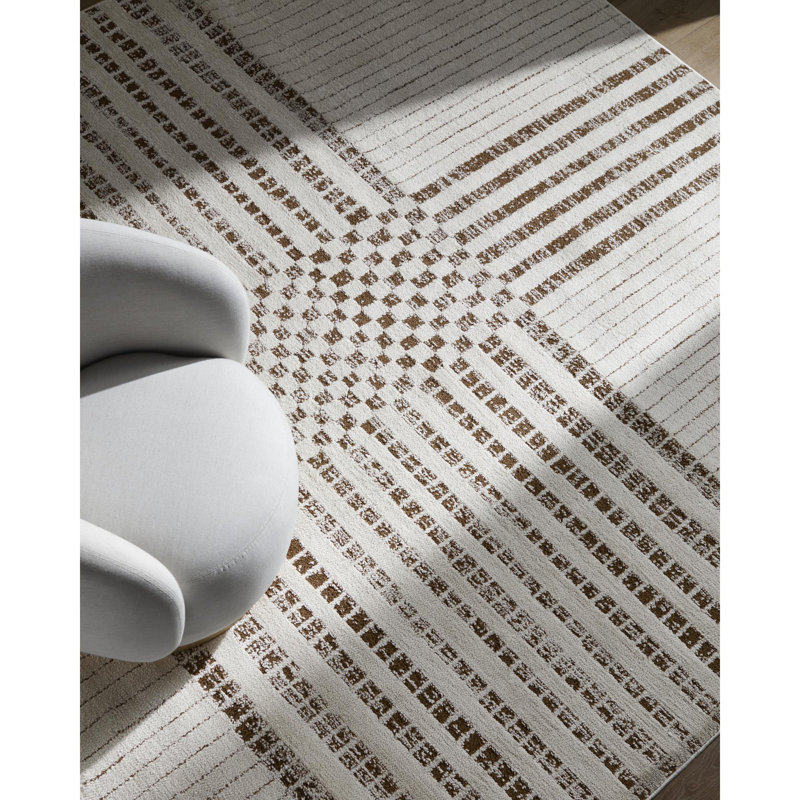 Ivory and Dark Brown Geometric Polyester Area Rug, 6'7" x 9'