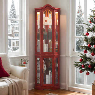 70.5" Arched Corner Curio Cabinet, Wooden China Cabinet with Adjustable Glass Shelves, Lighted Glass Display Cabinet Include Light Bulb, Rack for Living Room, Kitchen
