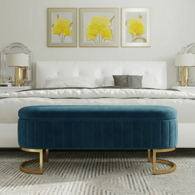 Banc coffre ottoman capitonné en velours de 130 cm avec couvercle rabattable et pieds en métal doré