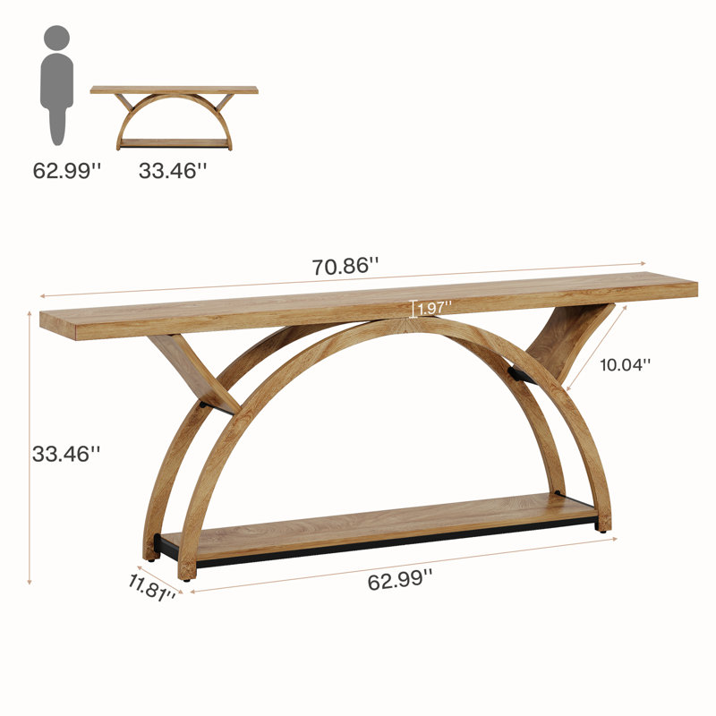 Console 70,87 po avec tablette de rangement, canapé industriel rustique avec cadre en demi-lune pour le hall d'entrée ou le salon
