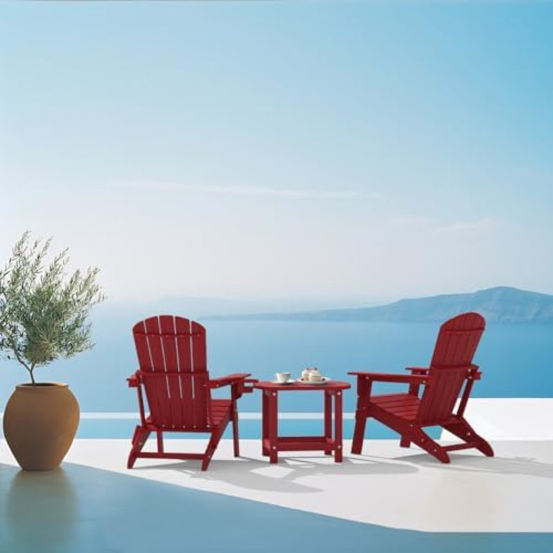 Folding Adirondack Chair, SGS Tested, Wooden Textured with Cup Holder, Heavy All-Weather HDPE Comfortable Set Poolside Backyard Lawn