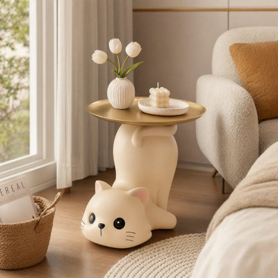 Modern Cat Side Table Floor Resin Figurine With White Tray End Table Nightstand For Living Room, Bedroom, Playroom, Kid's Room