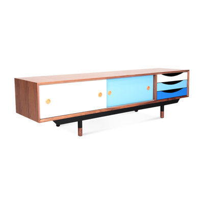 Blue - Hued Retro 1955 Tv Cabinet With Natural Walnut Veneer On , Black Stainless Steel Legs, Solid Wood Feet, Lacquered Drawers For Primary Living Main Space