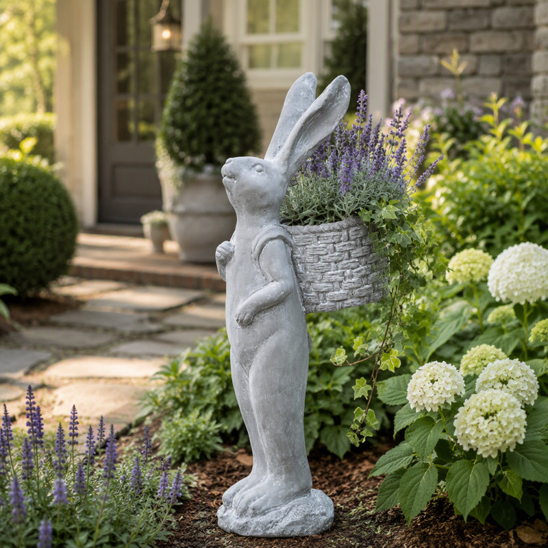 Grand panier de jardin en ciment en forme de lapin, statue de lapin debout pour la décoration du jardin
