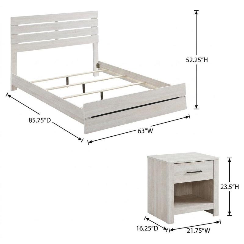 Lit plateforme blanc avec 2 tables de chevet, design contemporain, facile à assembler, parfait pour les chambres modernes