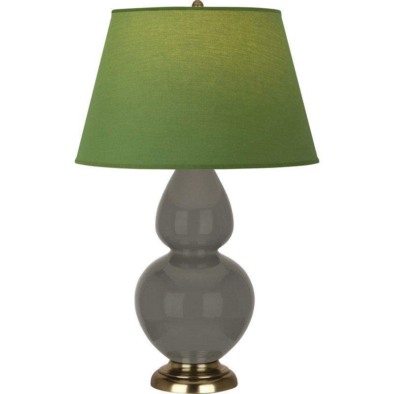 Lampe de table double gourde en céramique, Thé vert / taupe, Bois de frêne verni / laiton, Laiton