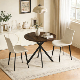 31.5 Inch Dining Table And Chairs For 2, Mid Century Modern Round Table Set, Space Saving For Apartment Kitchen Dining Room Walnut Table &2 Brown Chairs
