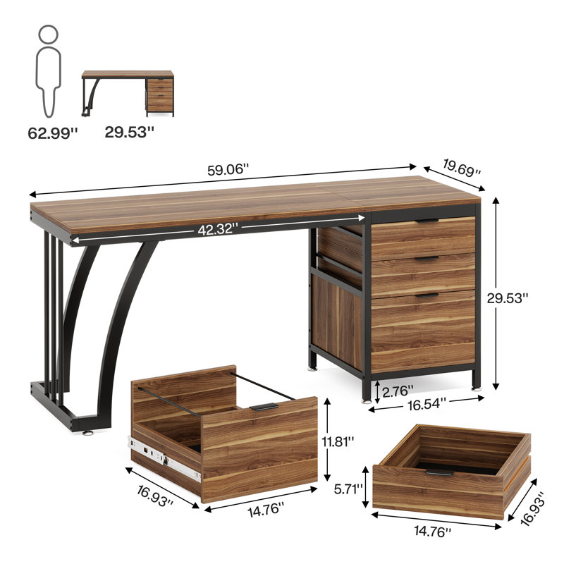 Kiyanni 59'' Vanity Desk with 3 Drawers, Walnut/Black