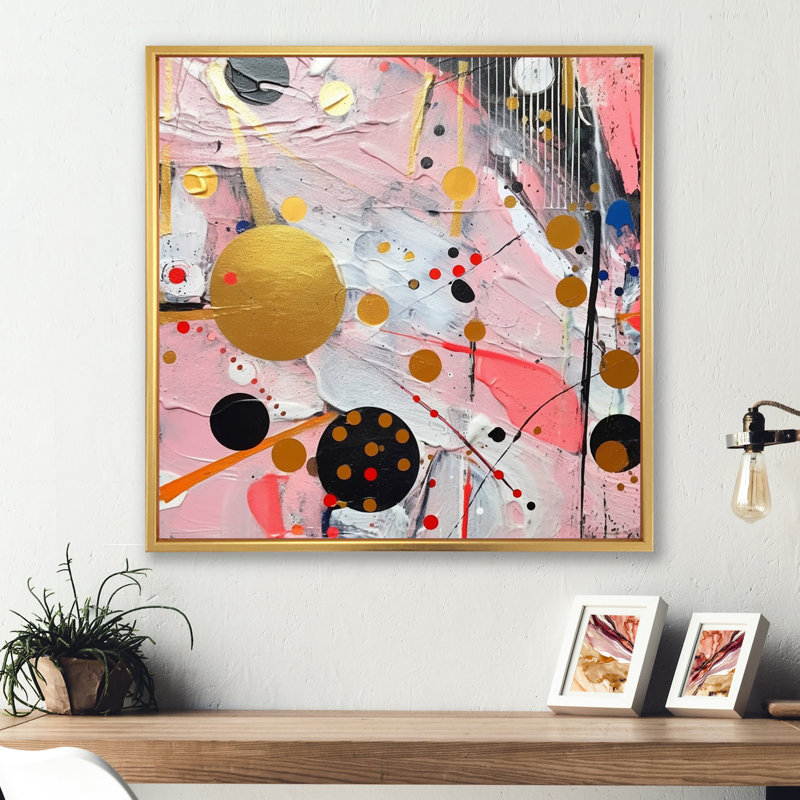 Rose et gris géométrique II sur toile, Cadre flottant doré, H 16 po x l 16 po x P 1 po