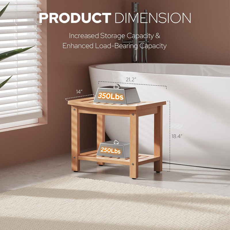 18,4 po Banc de douche en poly en bois avec tablette de rangement, Naturel