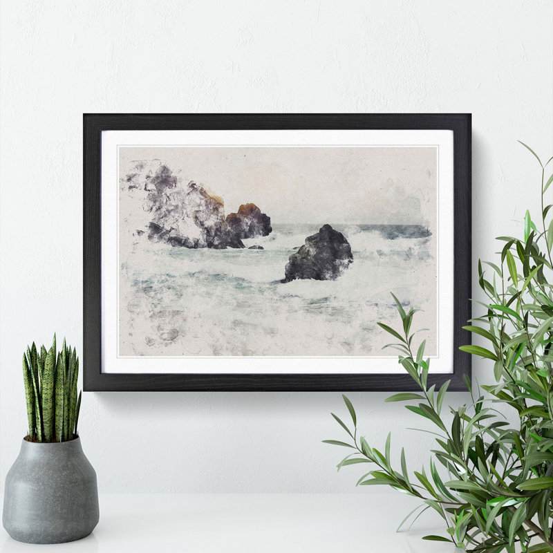 Beach Seascape Watercolour - Picture Frame Graphic Art, 65cm H x 90cm W x 2cm D, Black