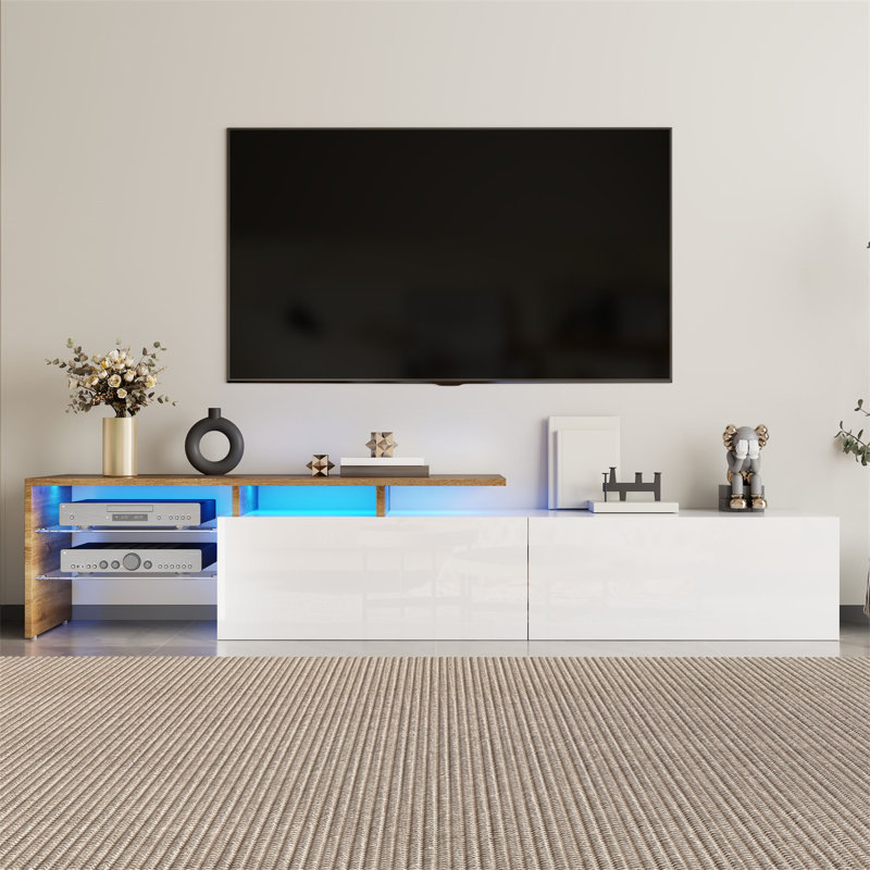 Meuble télé en bois avec tablettes en verre et éclairage DEL pour téléviseur de 65 po ou moins, Blanc