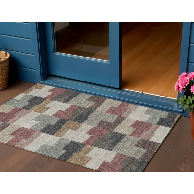 Tapis extérieur lavable à motif géométrique cuivre et charbon orange 3 pi x 5 pi