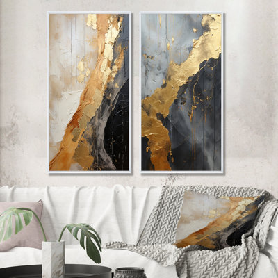 Minimalisme chrome doré et poteries noires - ensemble de 2 reproductions d'art abstrait fractal