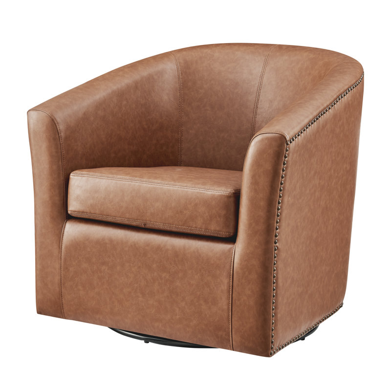 Rabinowitz Upholstered Swivel Barrel Chair, Brown Faux Leather