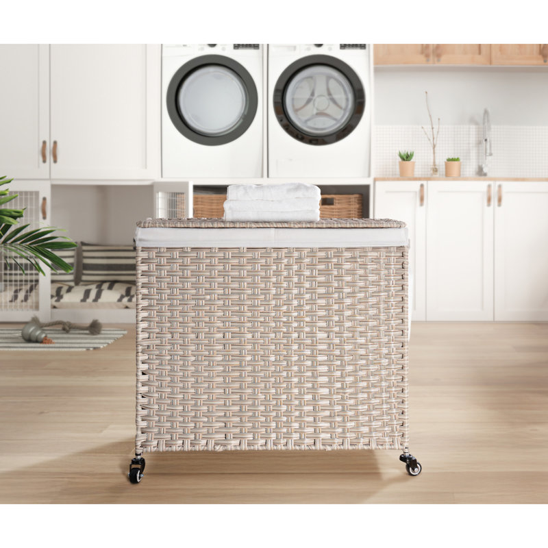 Panier à linge avec couvercle PE en rotin thermolaqué, Gris clair