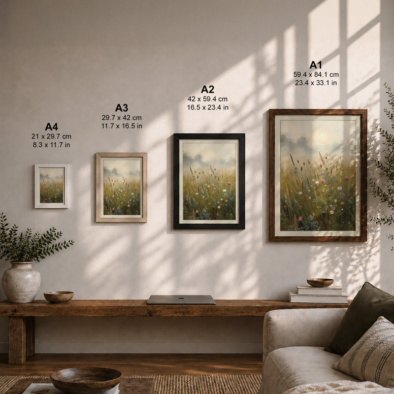 Misty Meadow Dawn Botanical - Framed Print, Walnut, A3 - 42.0 x 29.7 cm