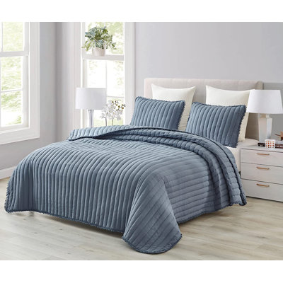 Washed Microfiber Channel Stitch Pom Pom Quilt Set