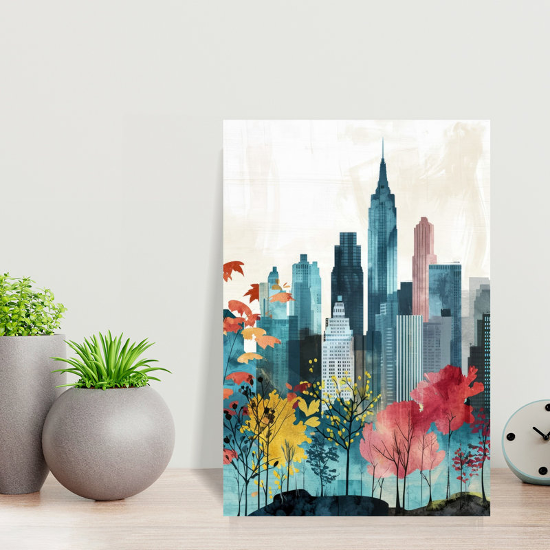 «Vibrant City Autumn Park», art abstrait coloré contemporain, ville d'automne, H 18 po x l 12 po