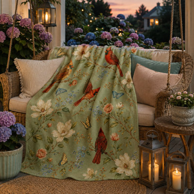 Jeté Sage Botanical Cardinal, oiseaux rouges avec fleurs de magnolia, roses et papillons, couche de flanelle pour canapé, style chambre à coucher et jardin, 60 x 80 po