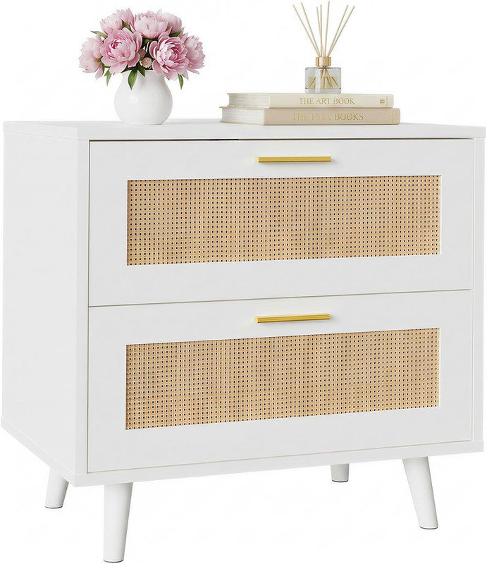 Table de chevet 23,6 po en rotin avec station de charge, table de chevet à 2 tiroirs avec 2 prises CA et 2 ports USB, rangement blanc Boho