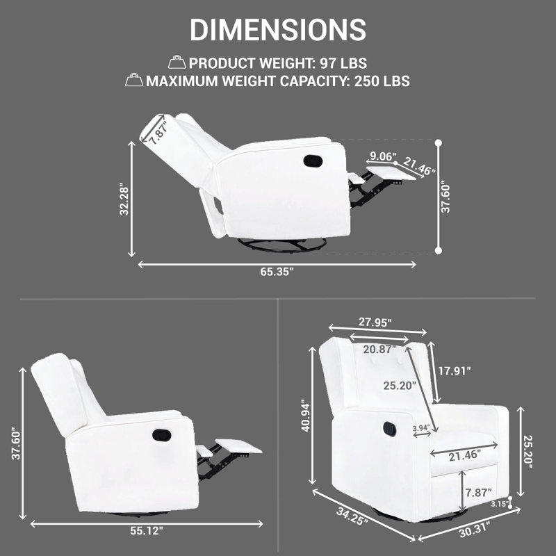 Khyara 30" Wide Contemporary Soft Touch Swivel Rocker Recliner, Manual Recliner Chair, Bright White Microfiber