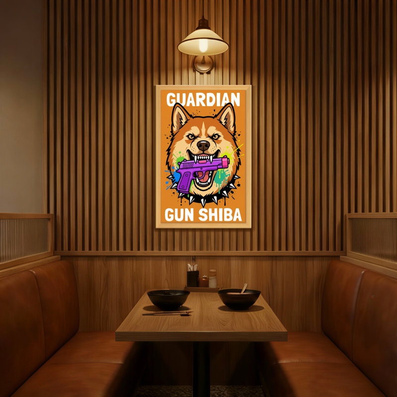Chien Shiba avec pistolet mauve, H 24 po x l 16 po