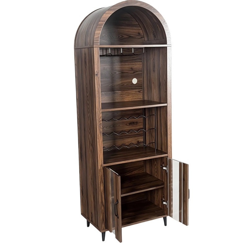 Meuble bar à vin voûté de style ferme en chêne brun de 180 cm (71 po) – Vitrine haute avec casier à bouteilles et porte-verres