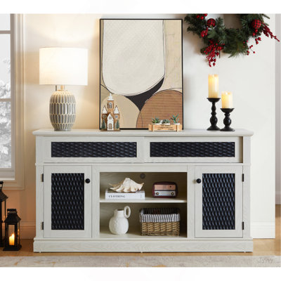 Meuble télé, console télé et média en relief avec espace de rangement ouvert et fermé et porte coulissante pour salon et chambre à coucher, blanc, l 58,27 po x l 15,35 po x 31,7 po