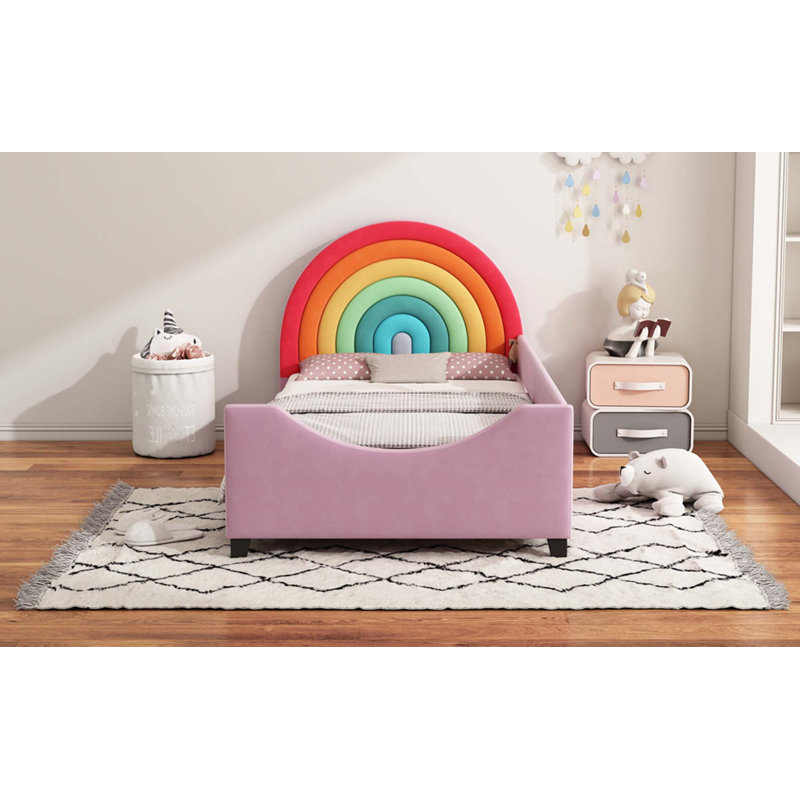 Rainbow Upholstered Twin Daybed Low to The Ground Design Cute Style Princess Bed for Teens