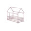 Lit simple sur pied rose avec structure de toit en bois et garde-corps, cadre de lit pour enfants Montessori