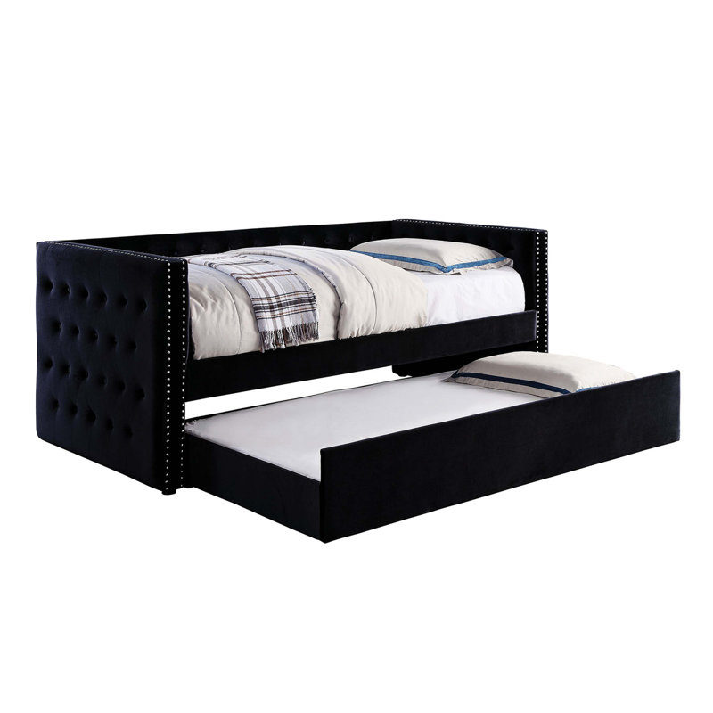 Transitional Style Daybed With Trundle Padded Button Tufted Upholstery Nailhead Trim Included Slat Kit Tuxedo Design, Black