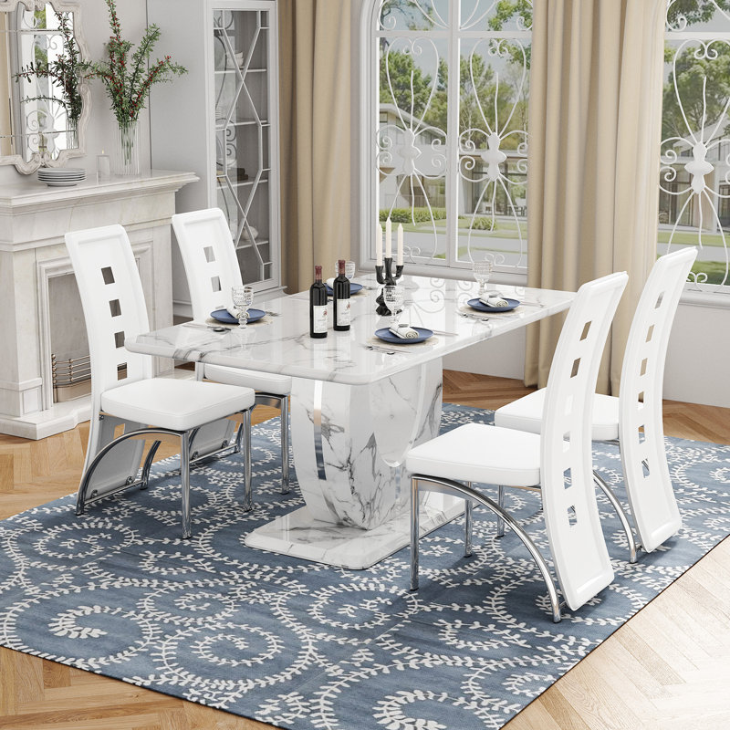 Ensemble de table de salle à manger avec chaises rembourrées en similicuir, 5 pièces: table, 4 chaises, Blanc / argenté
