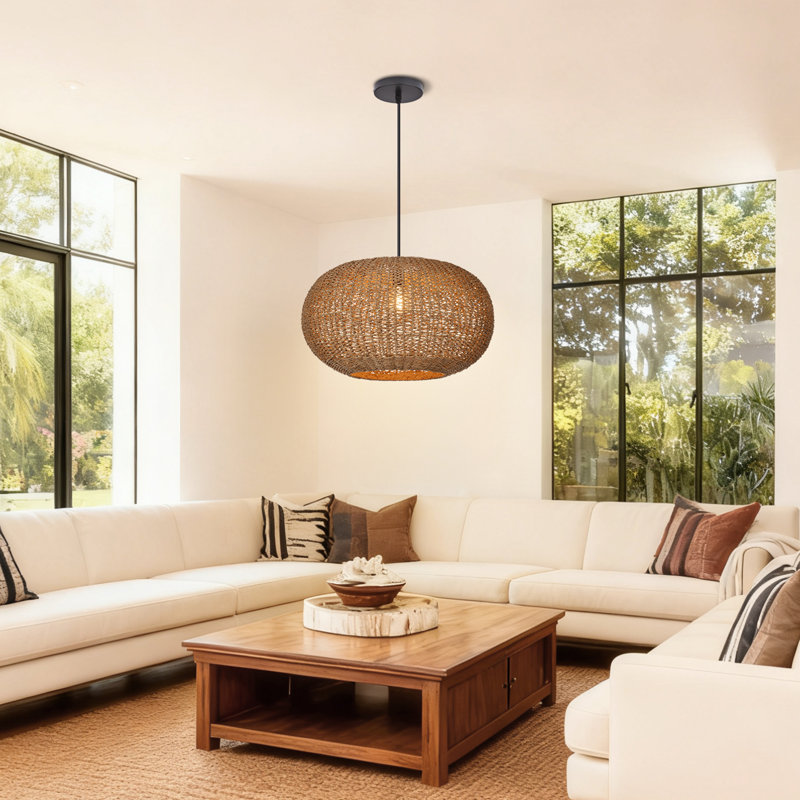 Coastal Style Rattan Pendant Lamp for Kitchen Island, 14.57" H x 23.62" W x 23.62" D