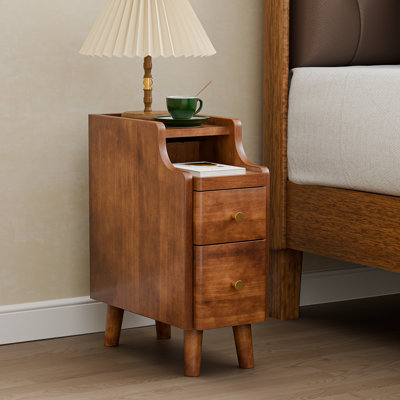 19.7" H Narrow Nightstand with Drawers, Pre-Assembled Solid Wood Small Skinny Night Stand with Open Sliding Shelf