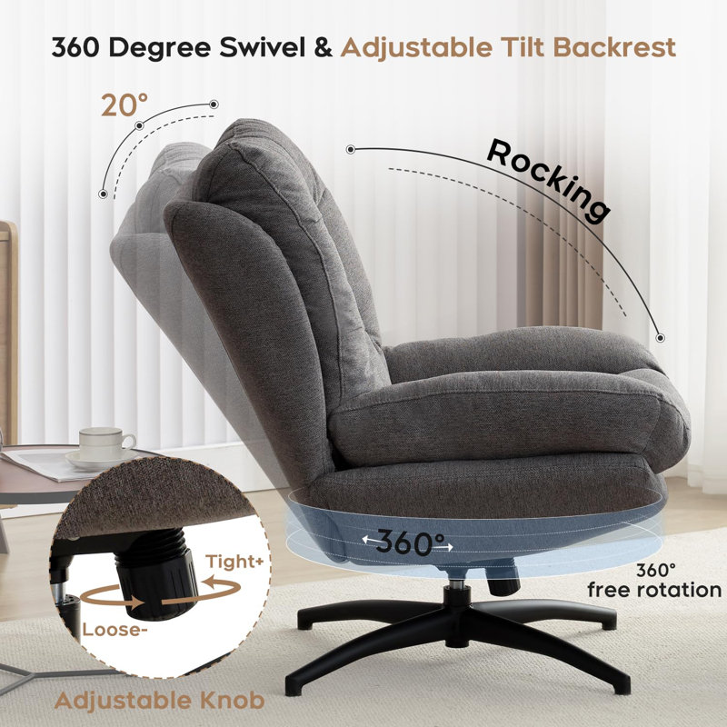 Jakirrah Upholstered Swivel Accent Chair with Ottoman, Gray