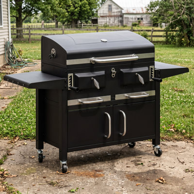 37.8" Dual Zone Charcoal Bbq Grill With Adjustable Charcoal Trays And 2 Foldable Side Table