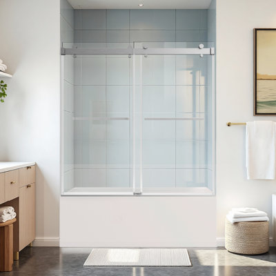 Porte de douche coulissante double de 142-152 cm (L) x 168 cm (H) avec verre trempé de 10 mm, rail en acier inoxydable, fini nickel brossé