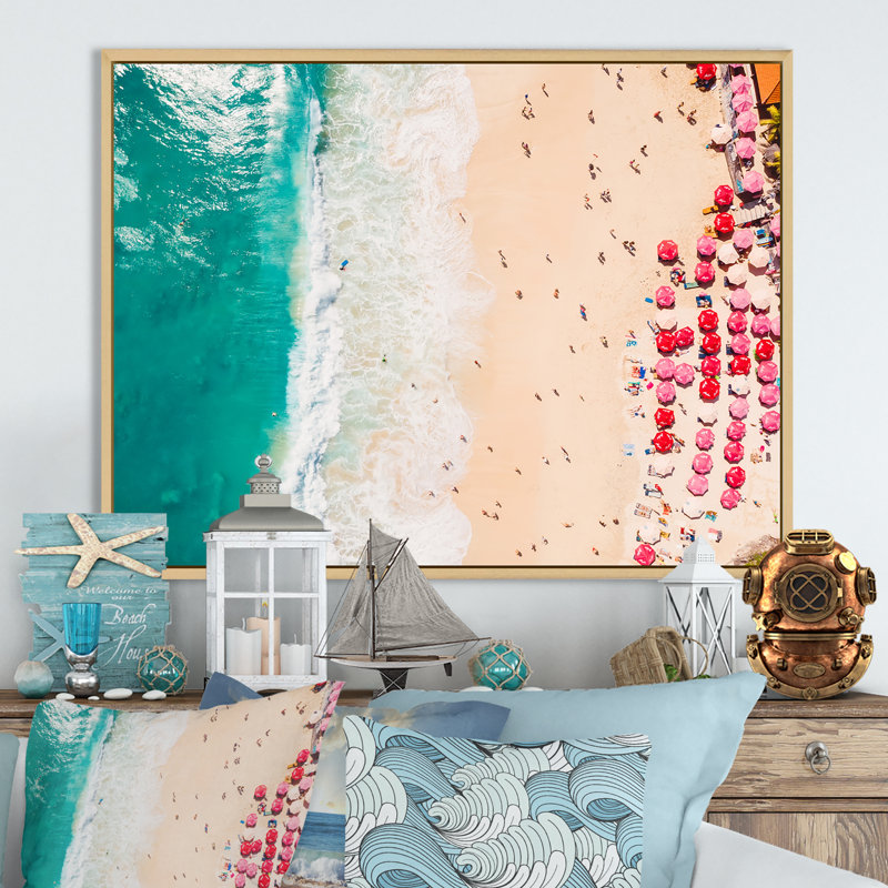 «Coastline Ocean Beach Aerian View», reproduction sur toile, H 12 po x l 20 po x P 1 po, Cadre flottant brun