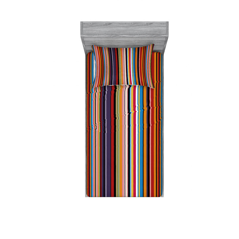 Microfiber Striped Sheet Set, Twin Sheet Set with Fitted Sheet, Purple/Red/Black Striped