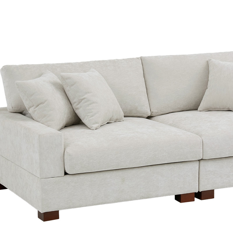 2 - Piece Upholstered Offwhite Chenille Modular Sectional Sofa with Armrests & Throw Pillows, Off White